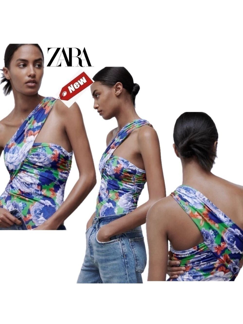 Zara blue floral flower one shoulder asymmetrical ruched bodysuit NWT